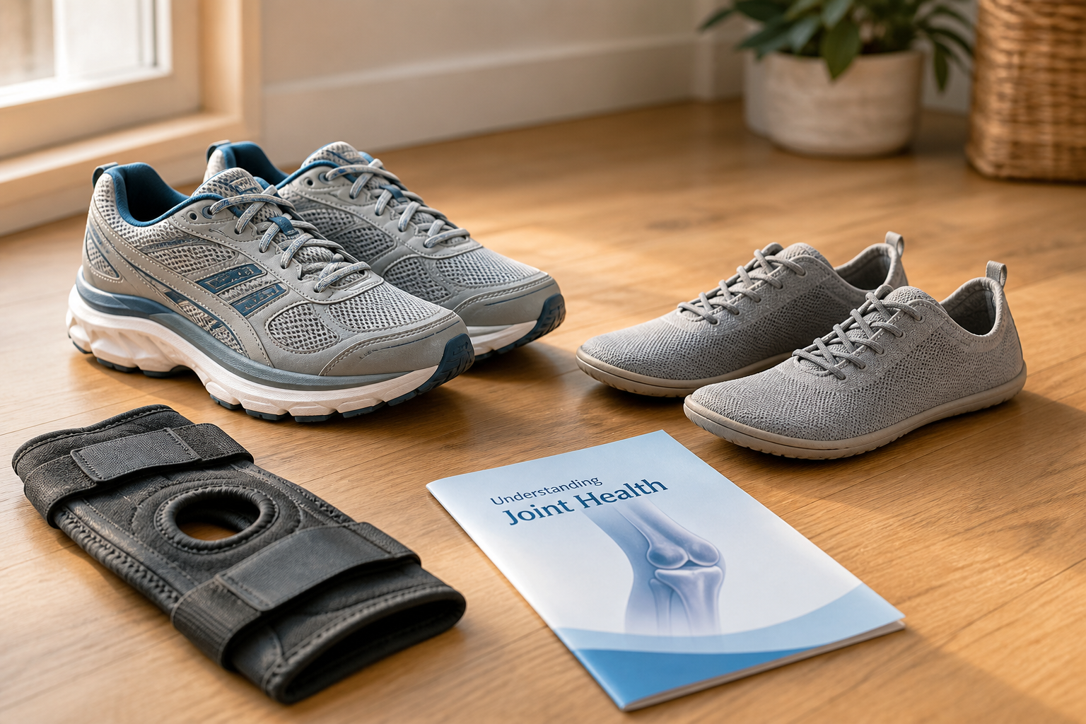 Cushioned and minimal walking shoes for knee arthritis with knee brace and pamphlet