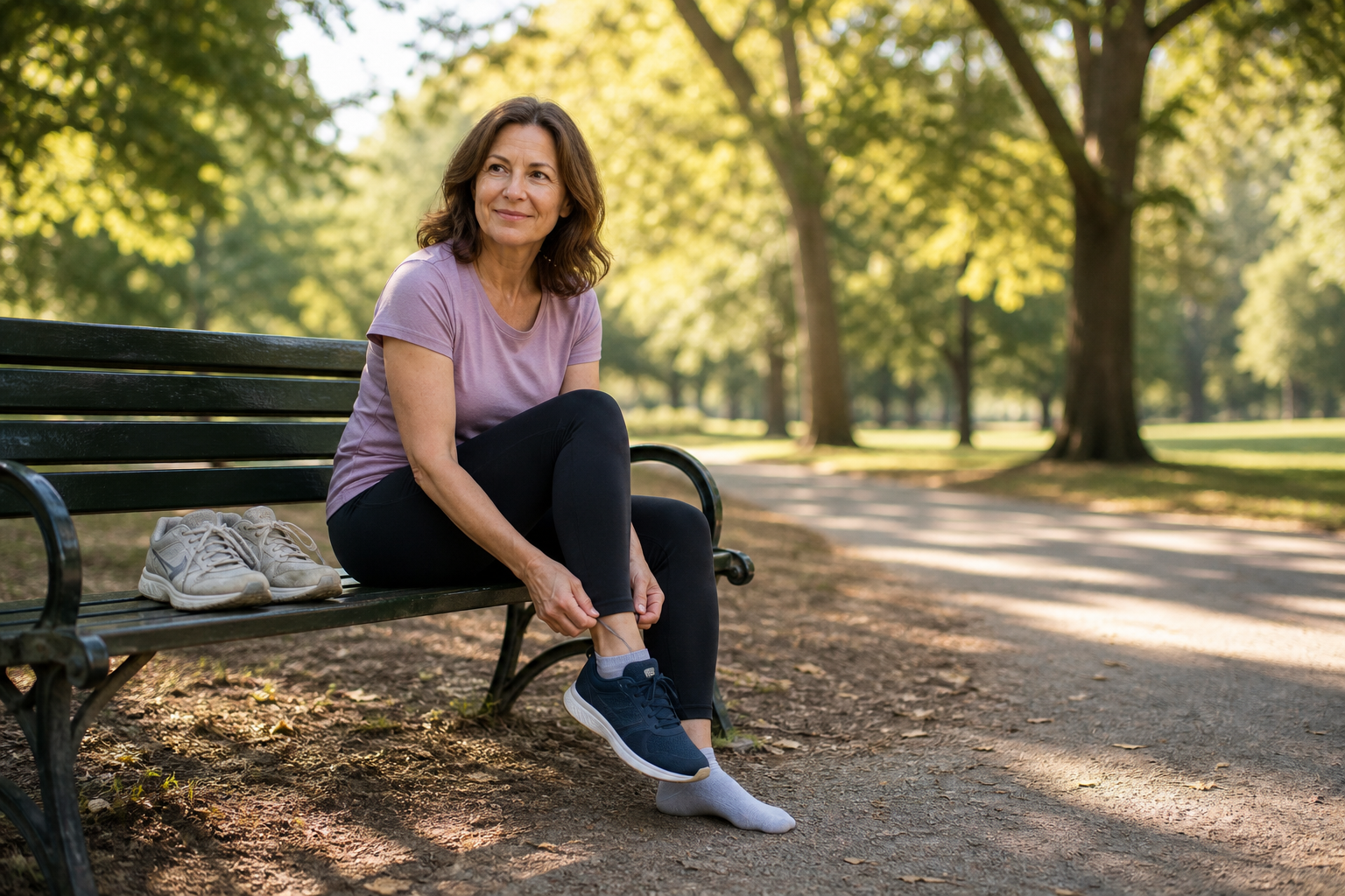 Woman with knee arthritis switching to supportive walking shoes outdoors
