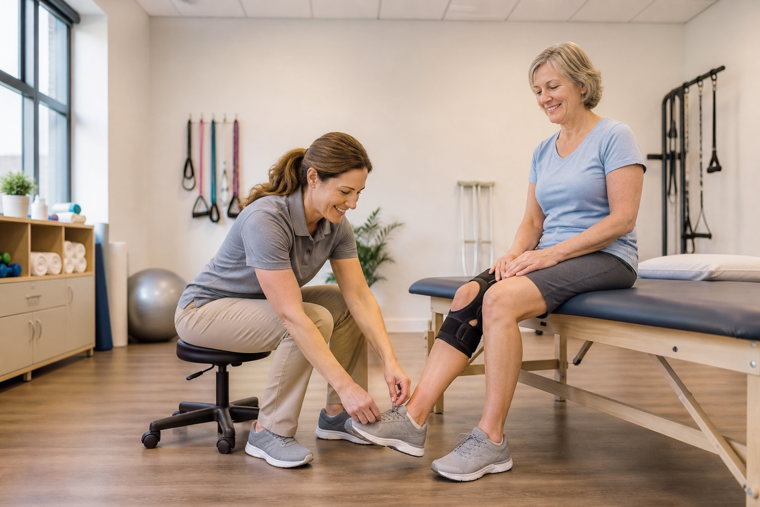 Physical therapist fitting support shoes for patient with knee arthritis in clinic