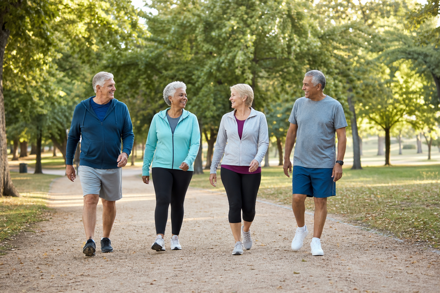 Older adults walking on sunlit path with supportive shoes