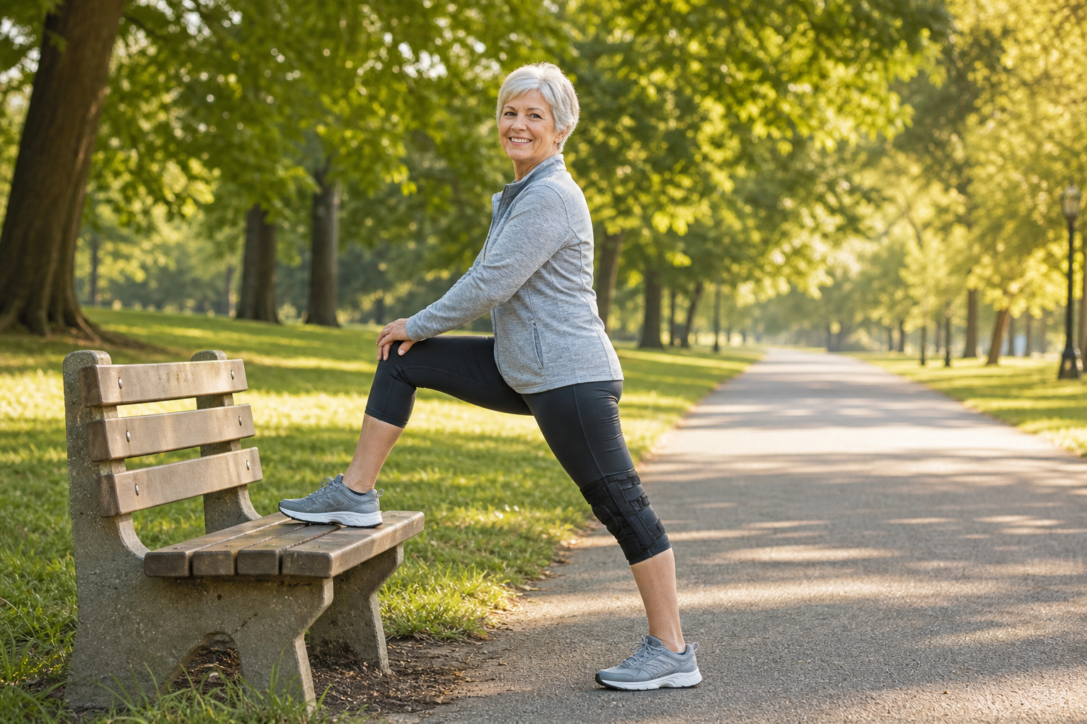 Woman over 60 stretching before walk with knee brace