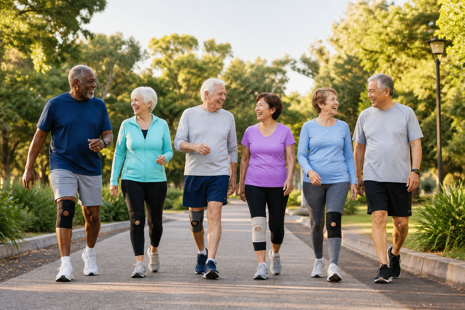 Seniors group walking with knee braces in park