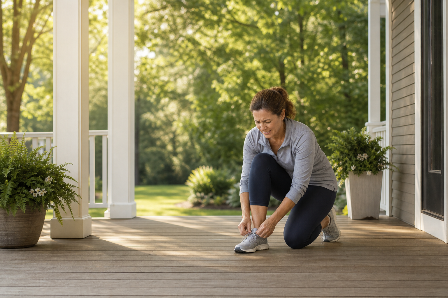 Woman with joint pain tying sneakers, preparing for exercise