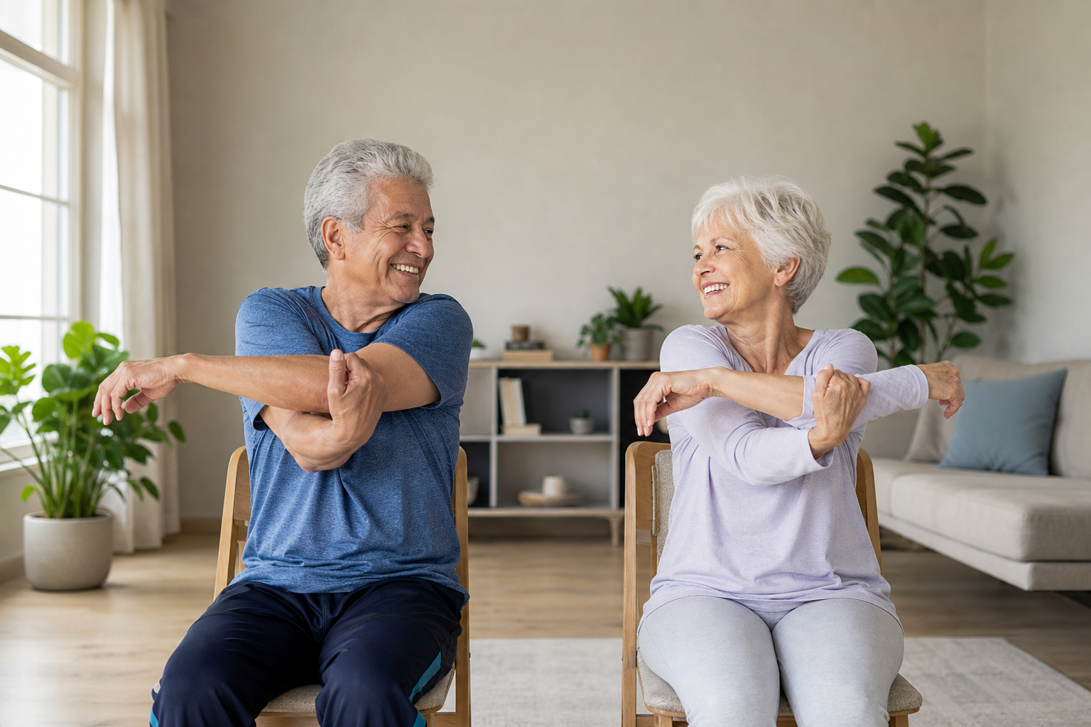 Older adults doing gentle chair stretches together at home