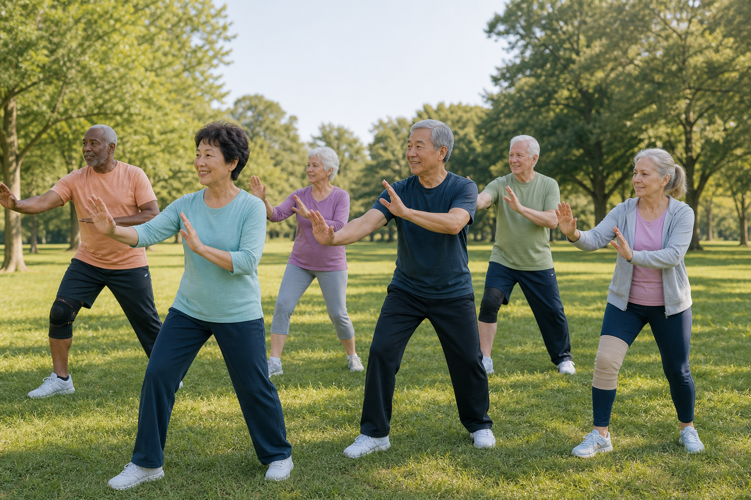 Seniors practicing tai chi in a sunny park, some wearing knee supports, for arthritis relief