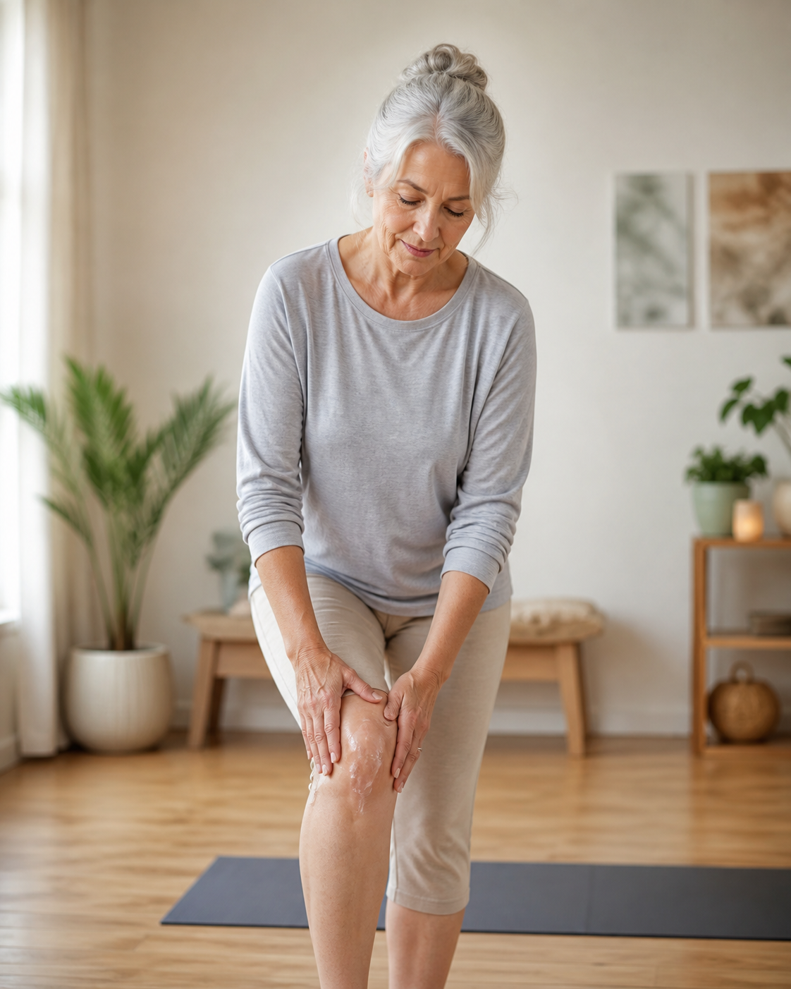Senior woman applying arthritis gel to knee before tai chi exercise