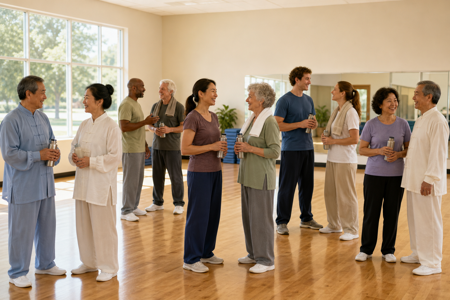 Arthritis tai chi group smiling and chatting after class in a sunlit community center