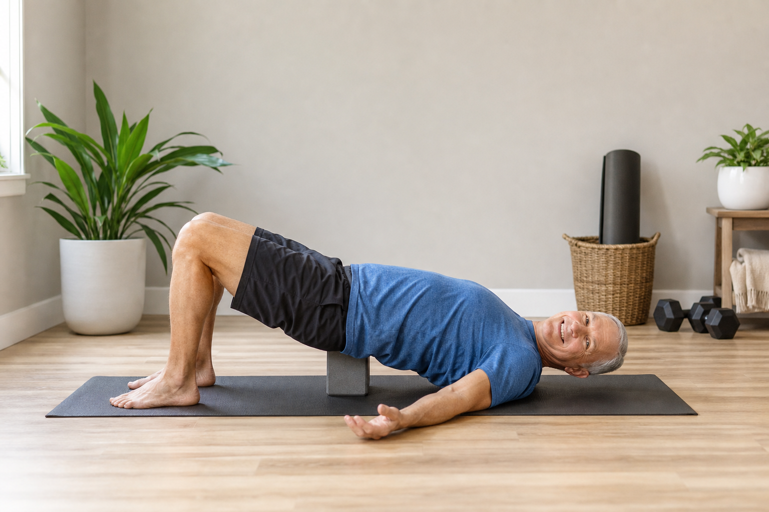 Senior man in supported bridge pose uses yoga block for joint support