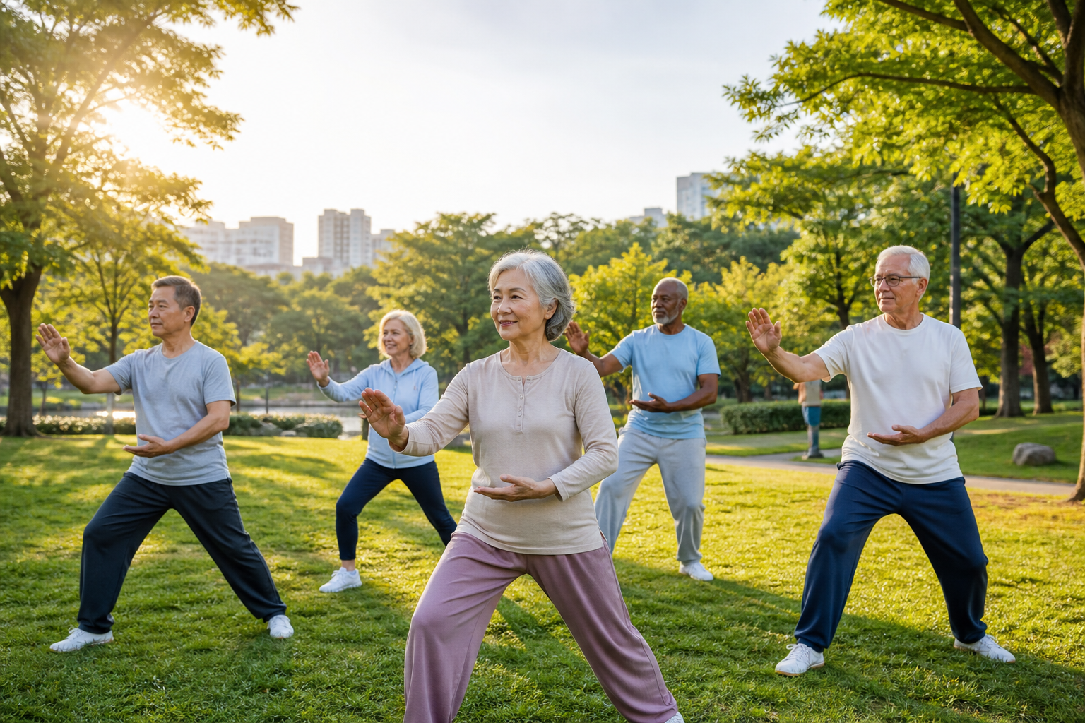 Seniors practicing tai chi outside for arthritis and balance