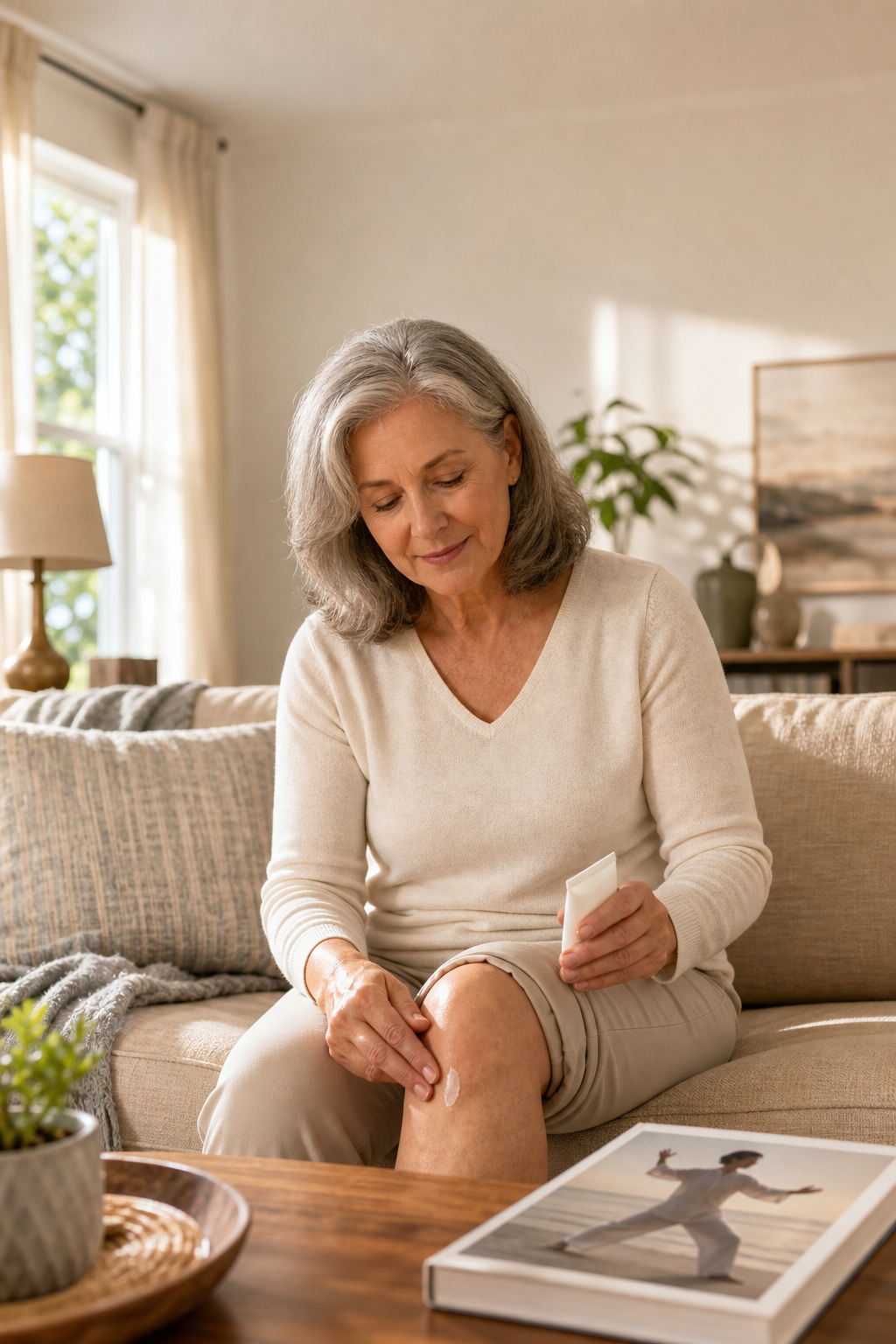 Woman using arthritis pain gel before tai chi home practice