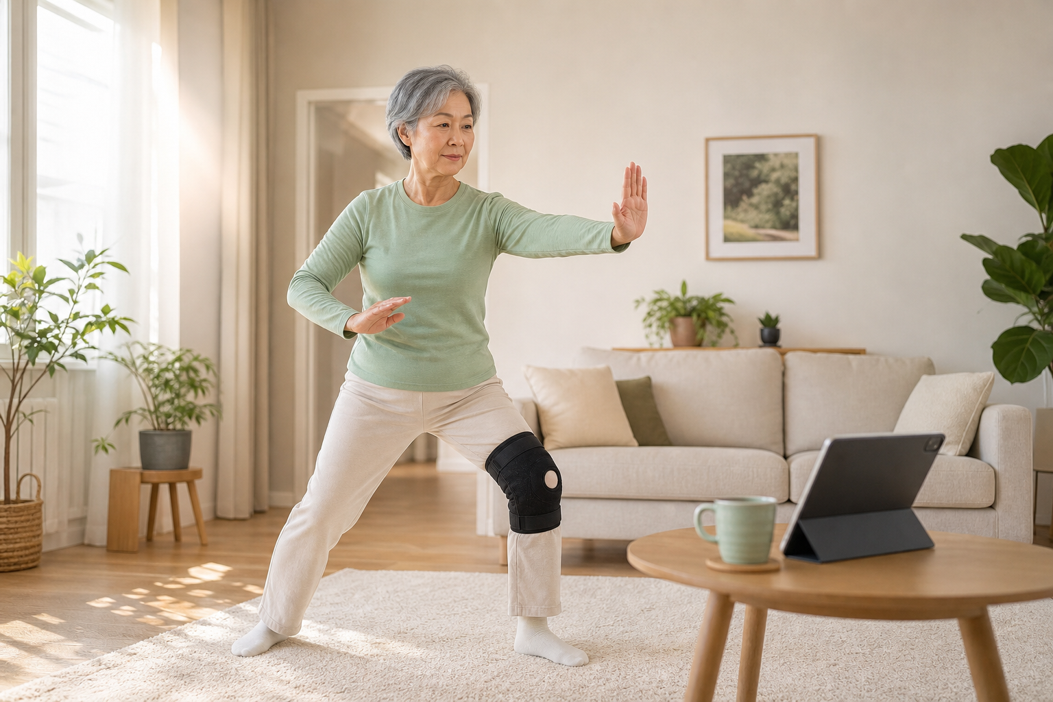 Older adult practicing tai chi at home with a knee brace