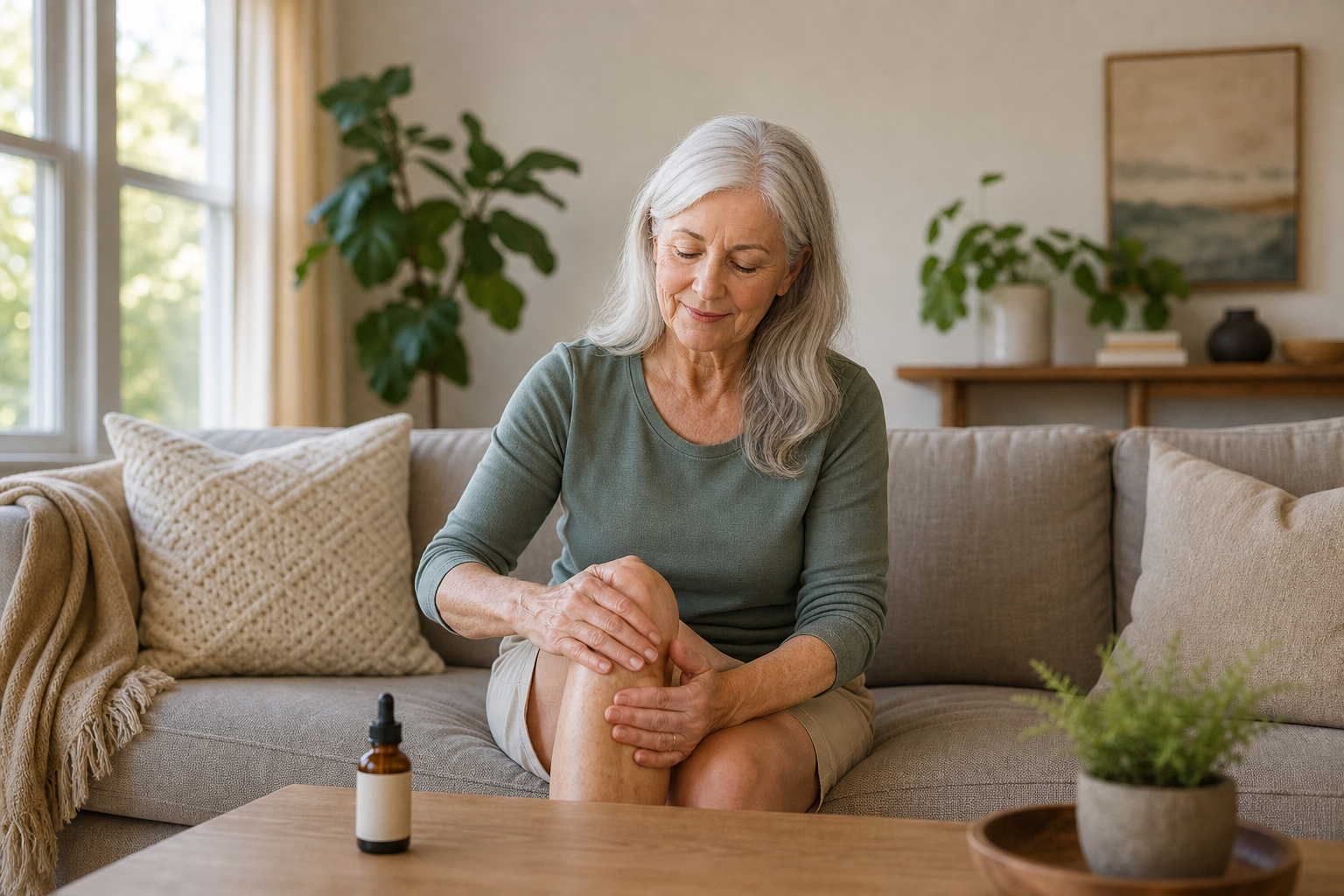 Older woman applying CBD oil to her knee for joint pain relief
