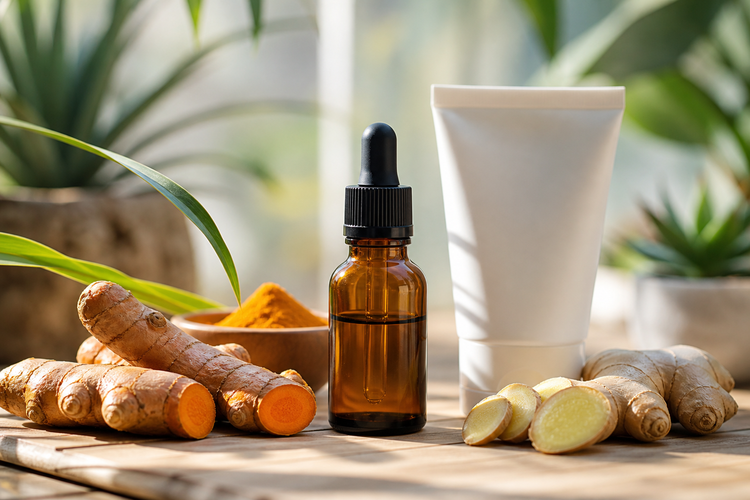 CBD oil tincture with turmeric, ginger, and Voltaren gel for joint pain