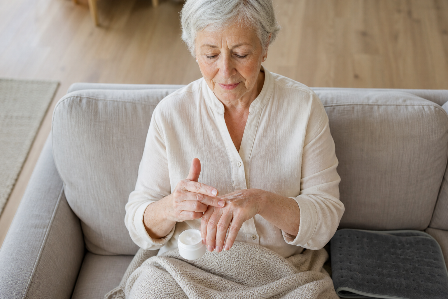 Senior hands applying CBD cream to swollen finger joint with blanket and heating pad