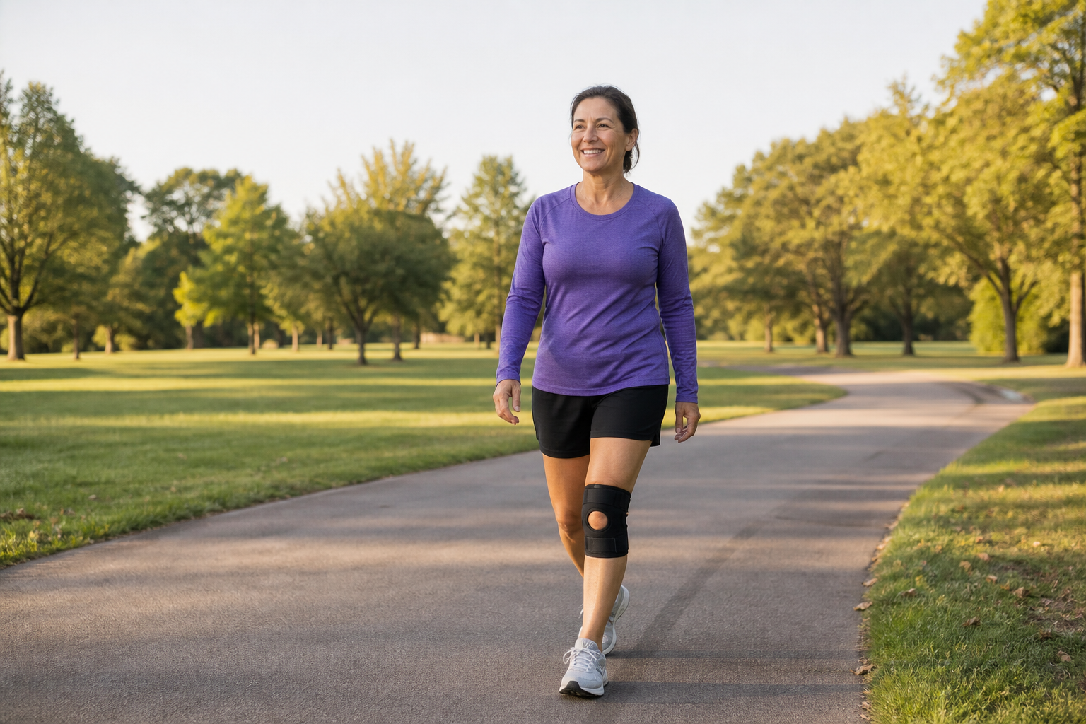 Middle-aged woman walking with knee support in park