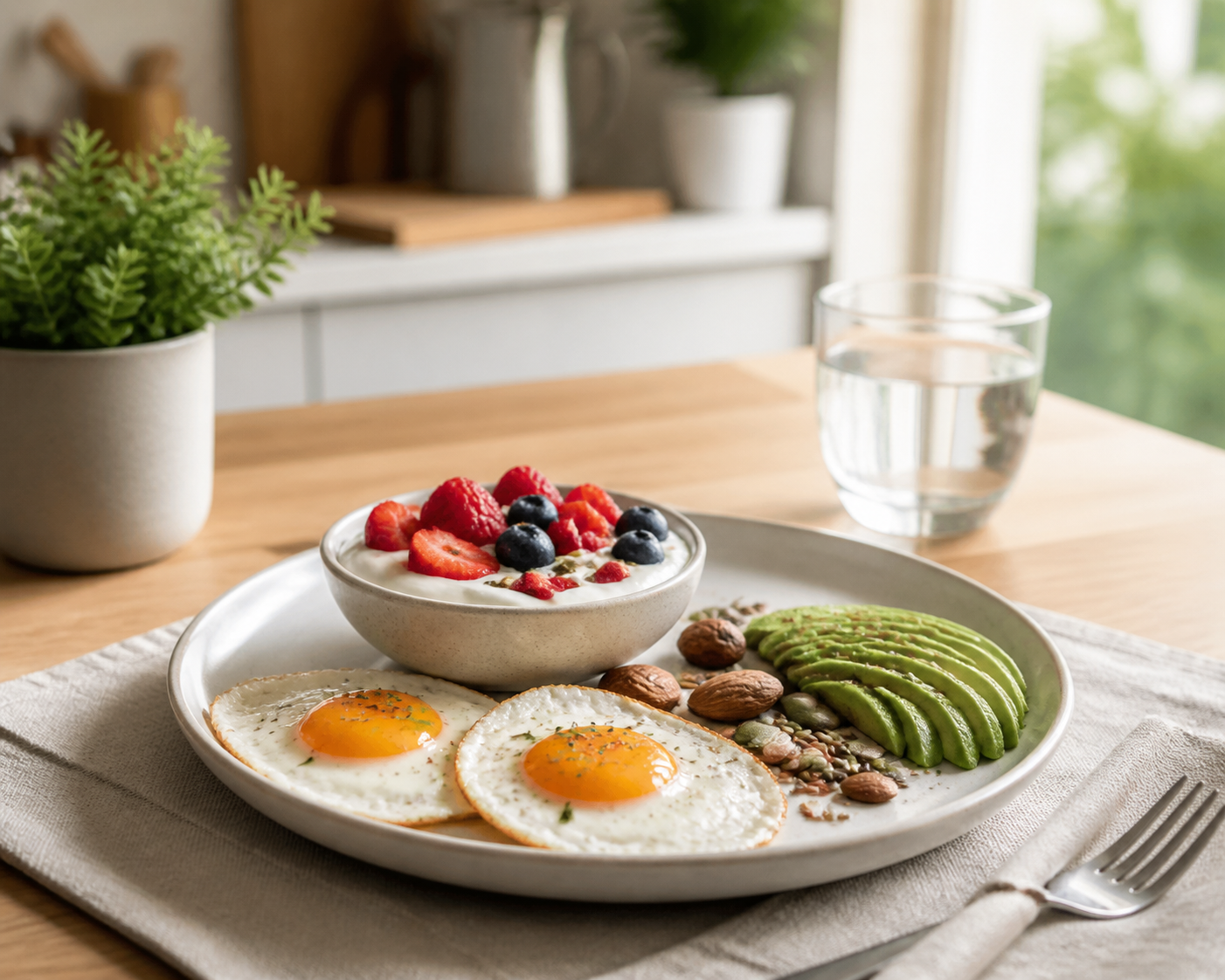 High-protein breakfast with eggs and yogurt for weight management
