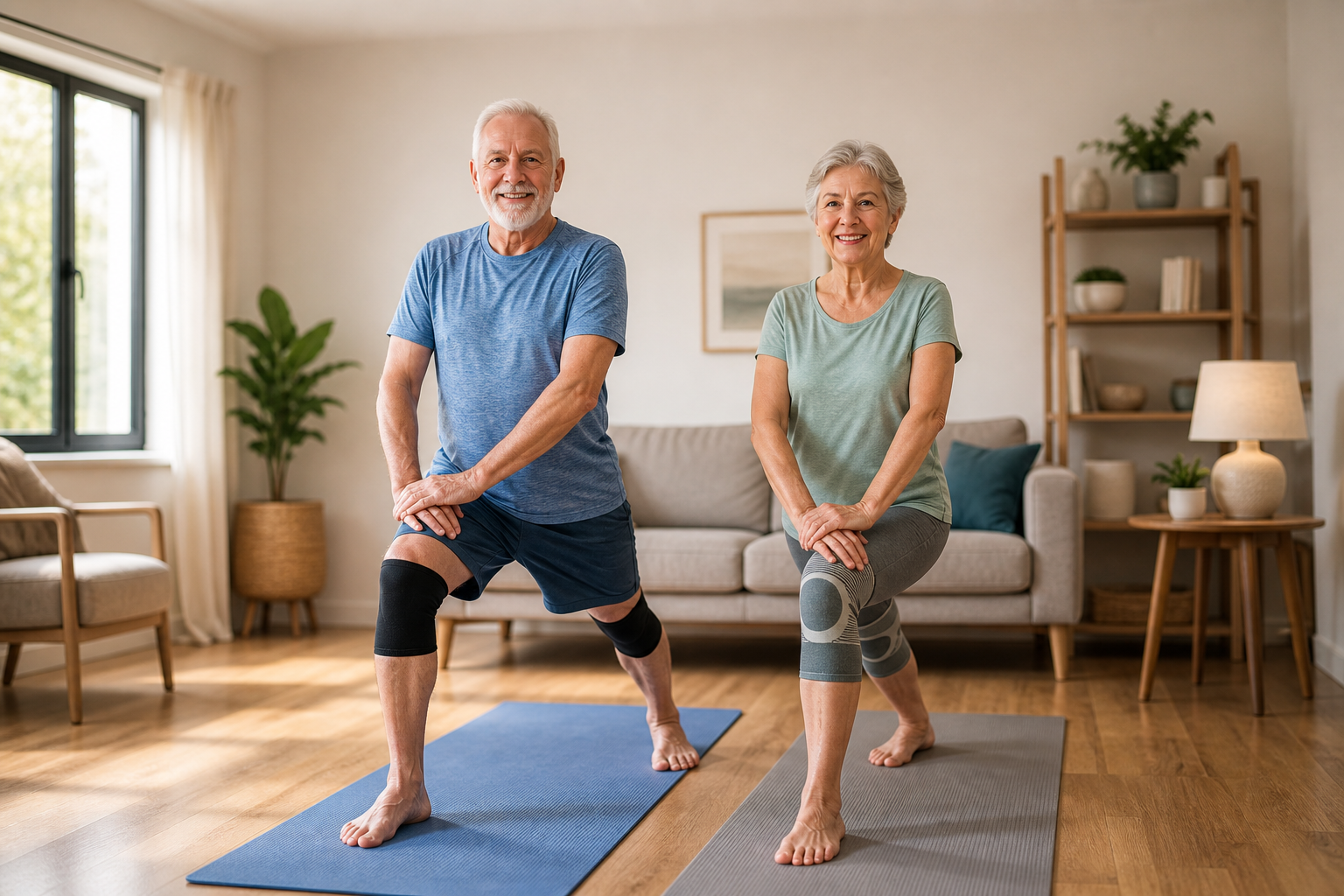 Older adults stretching with knee supports indoors