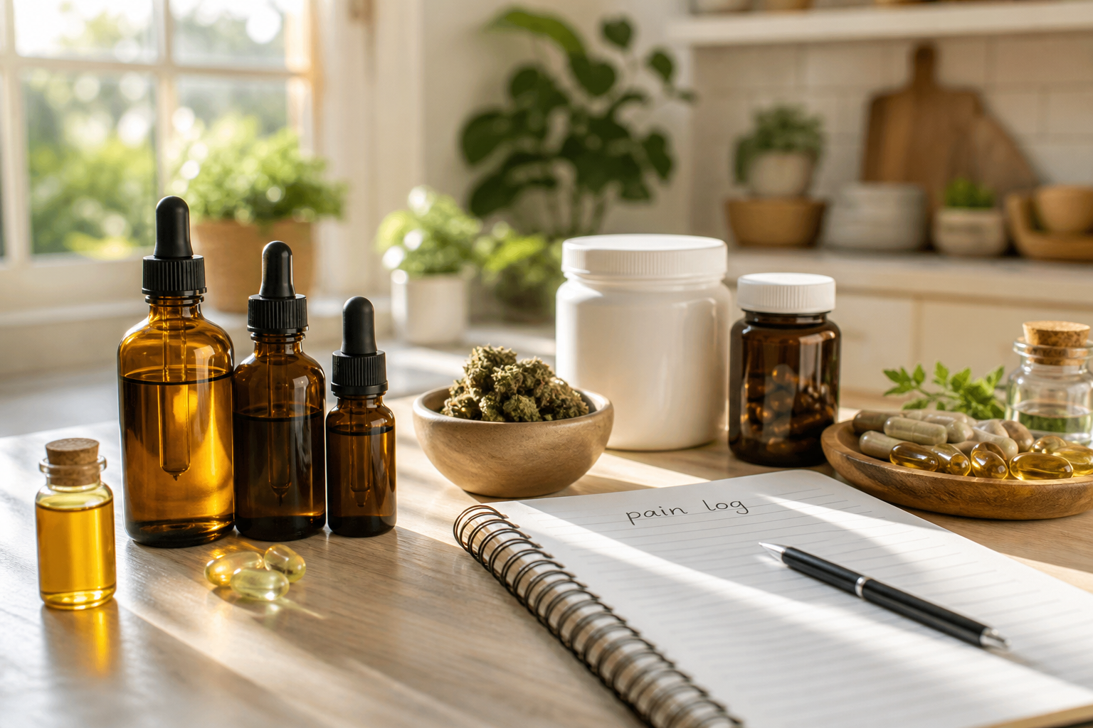 CBD oil bottles and supplements on table next to a pain log