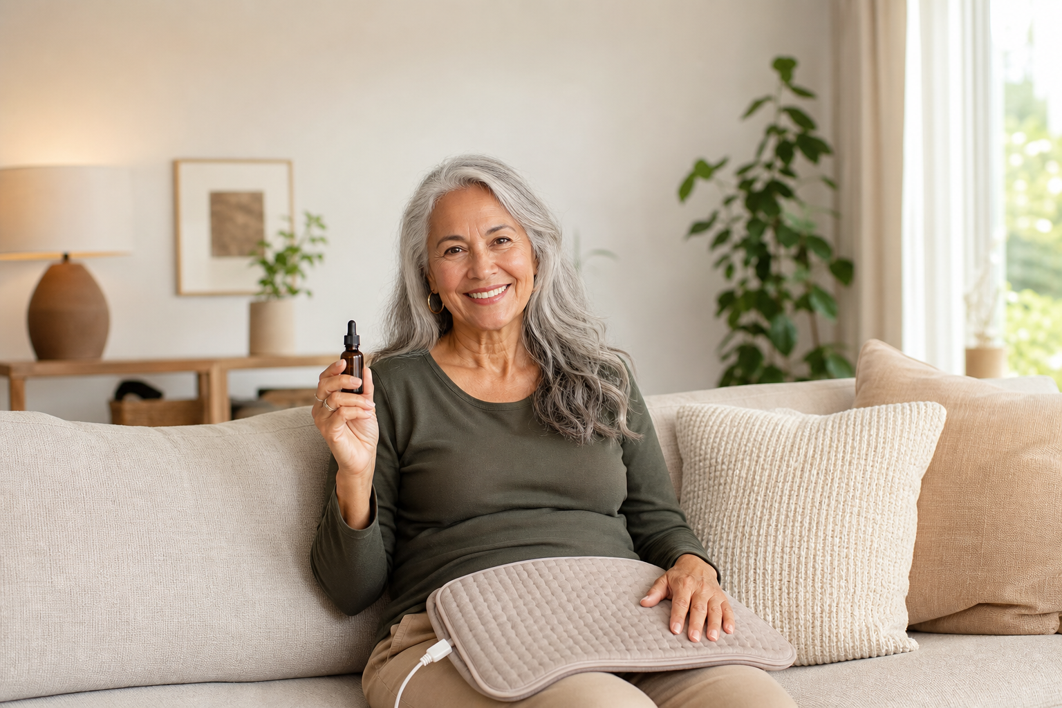 Older adult smiling with CBD product and heating pad for joint relief