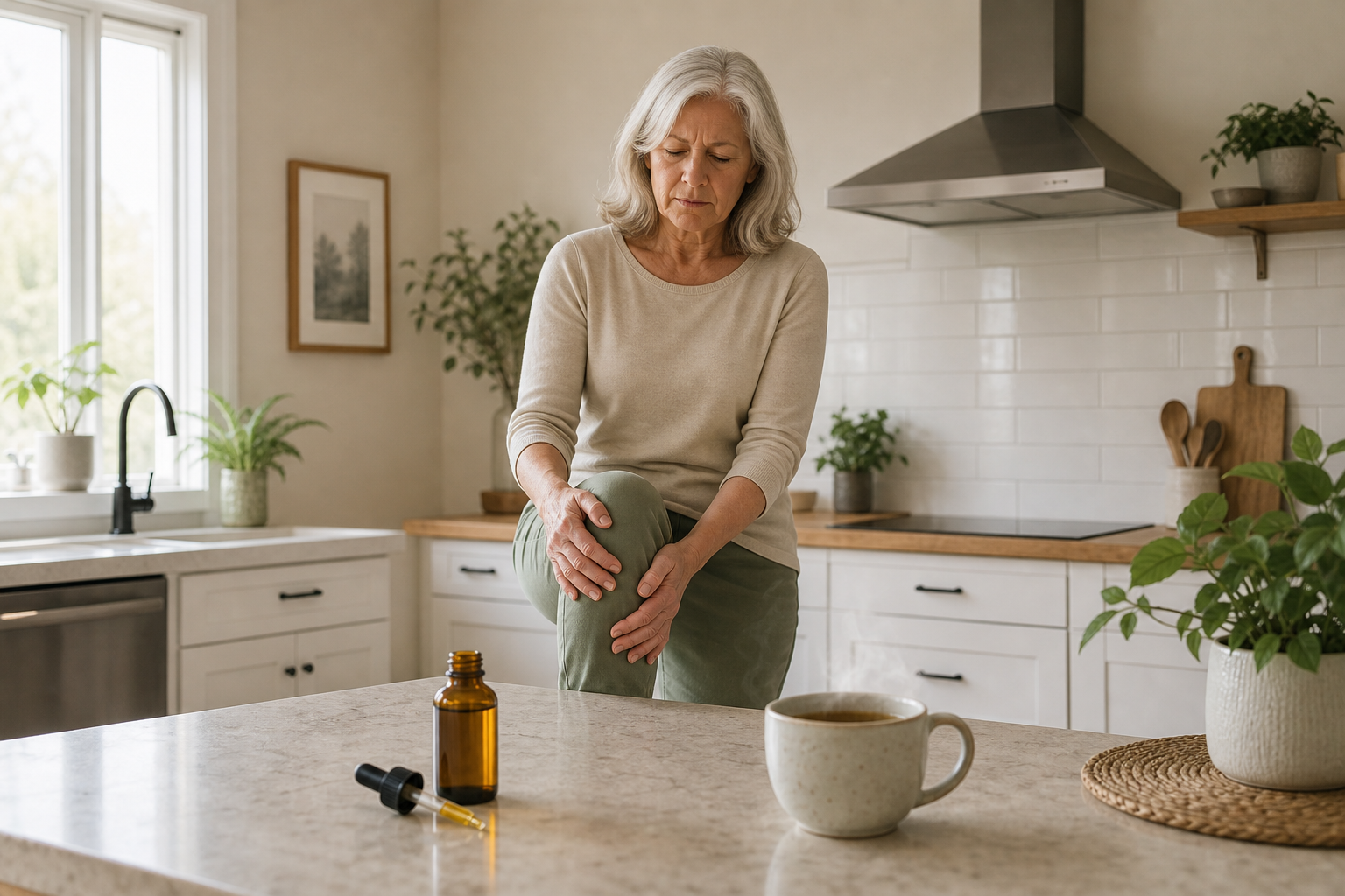 CBD oil bottle, tea, and hand massaging knee on kitchen countertop