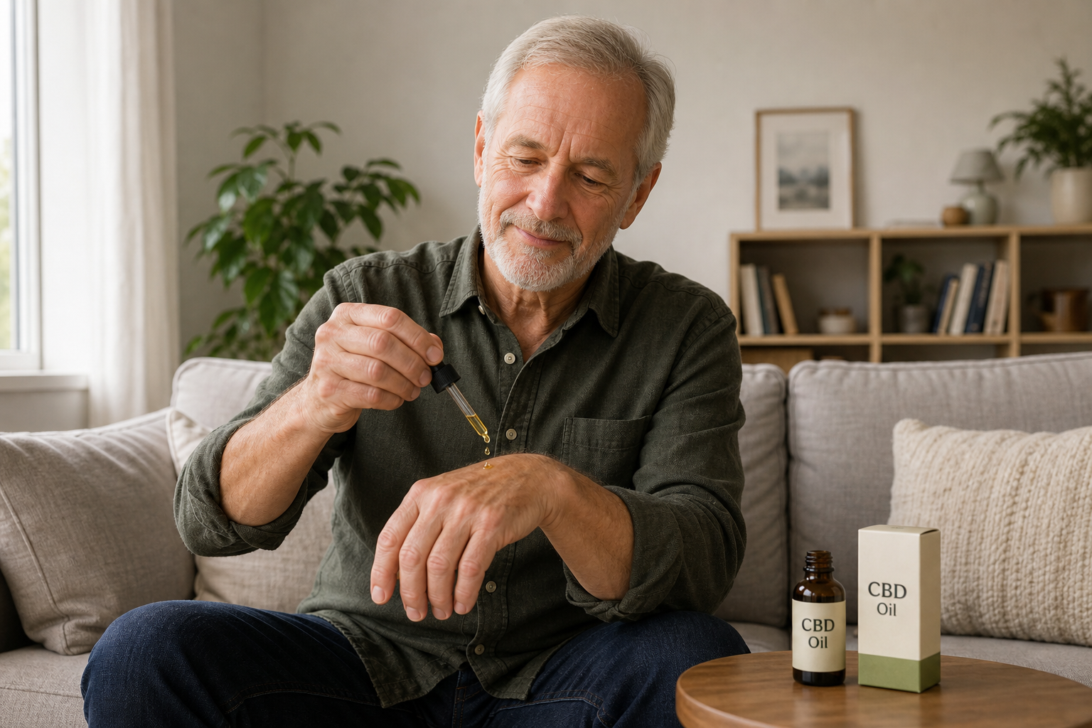 Senior man applying CBD oil to hand for joint pain
