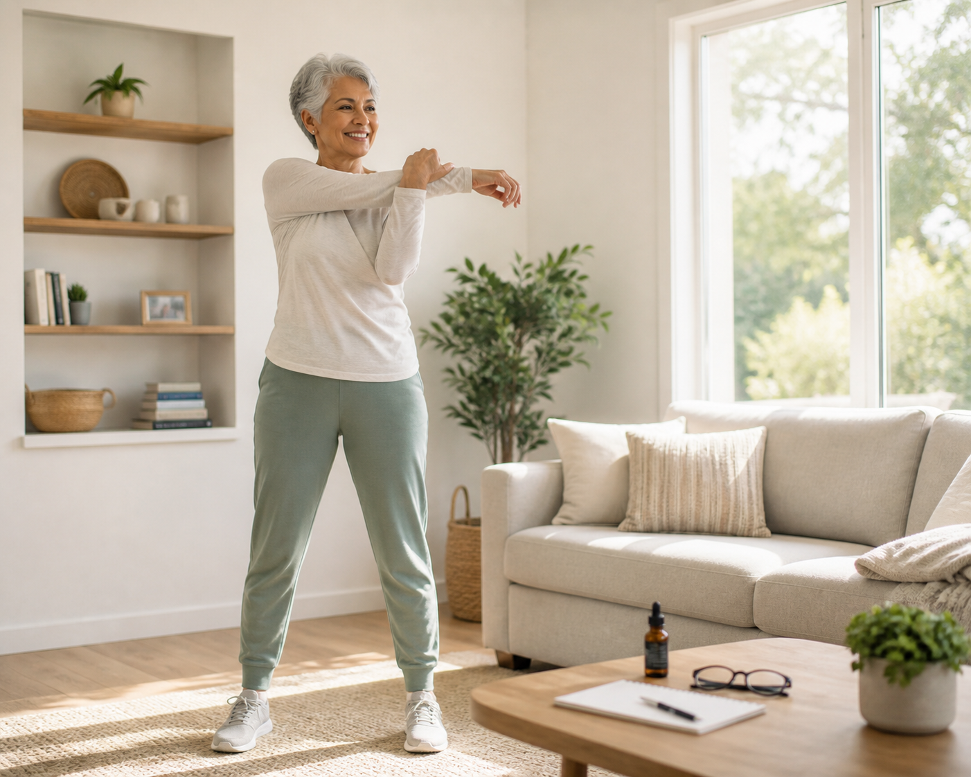 Older woman stretching near CBD oil bottle in living room