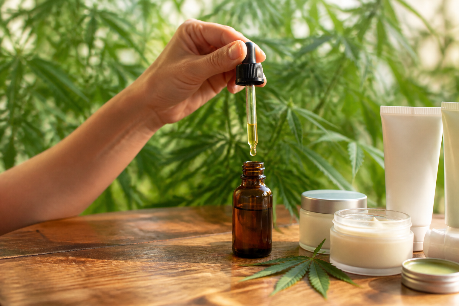 Hand holding a bottle of CBD oil for joint pain with hemp plants in background