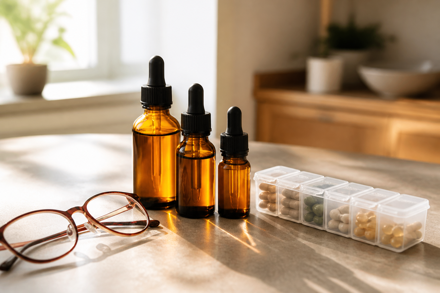 Three bottles of CBD oil for inflammation on a sunlit countertop