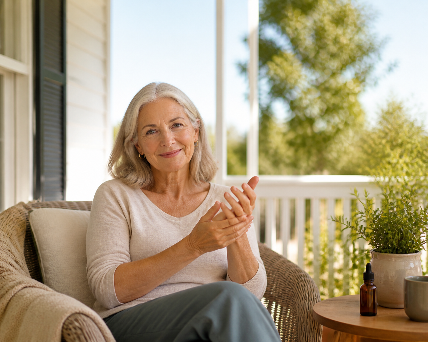 Smiling older woman using CBD oil for joint pain on sunny porch