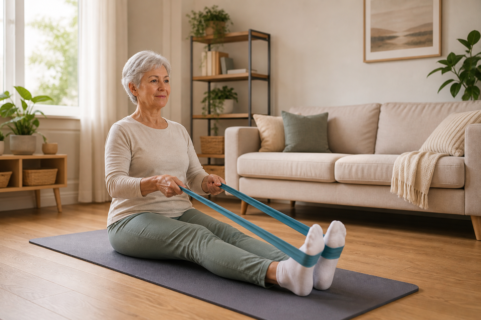 Senior woman doing resistance band knee exercises at home for arthritis relief