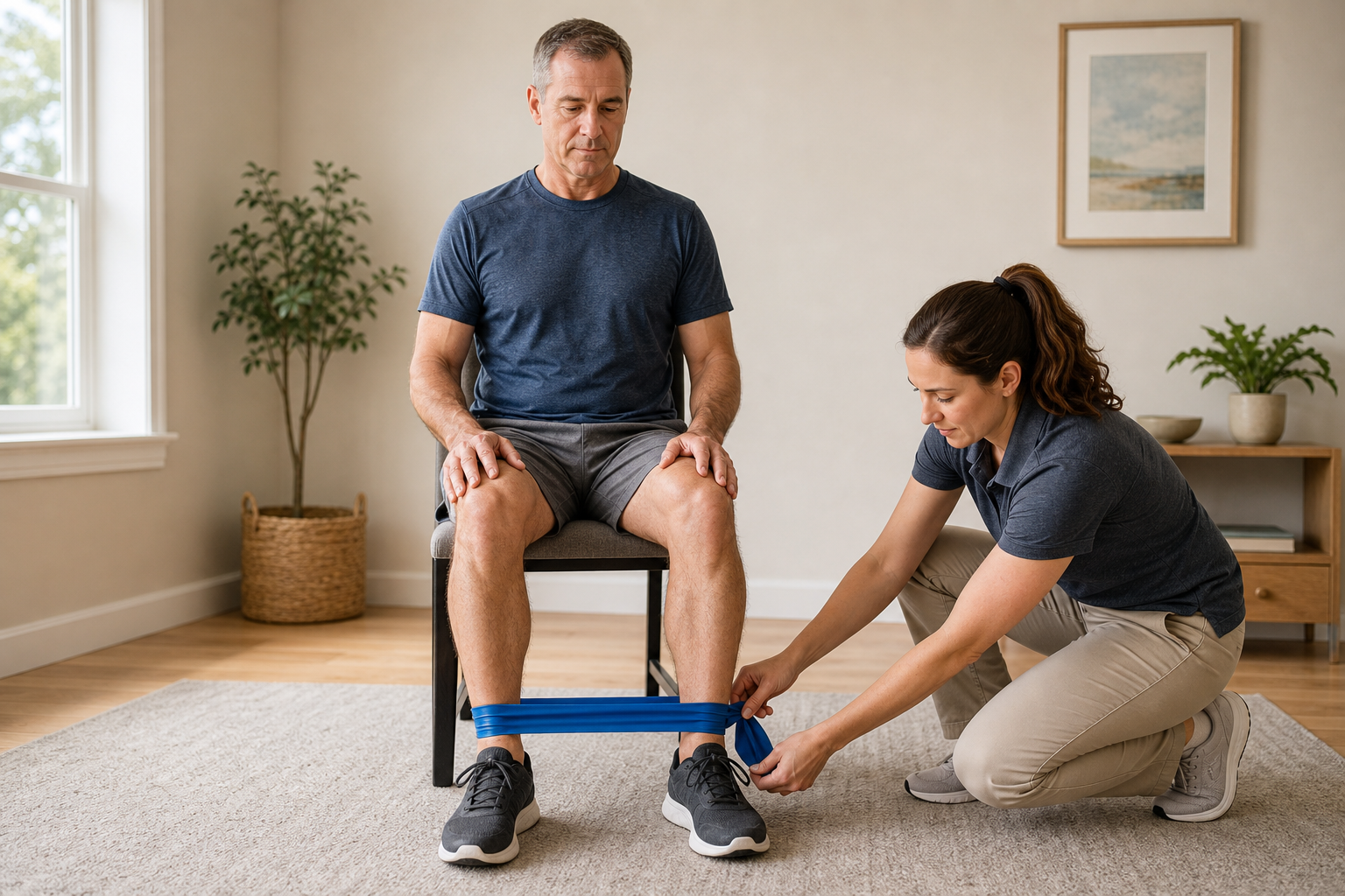 Setting up a resistance band around ankles for safe arthritic knee exercises
