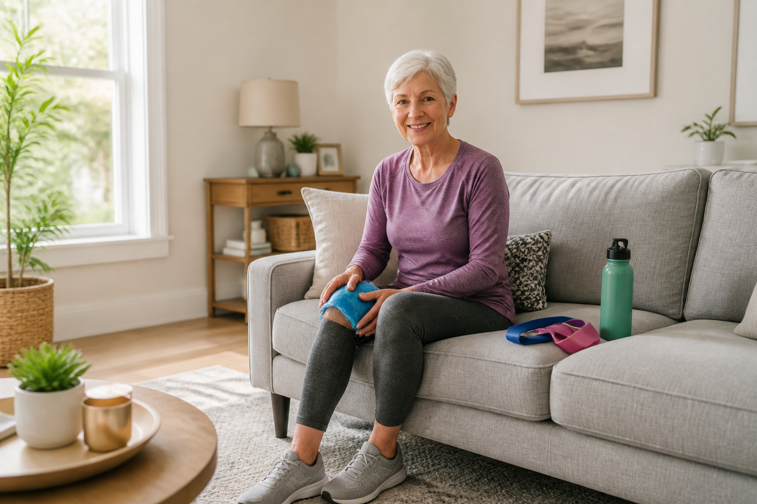 Older adult icing knee after resistance band exercises for arthritis