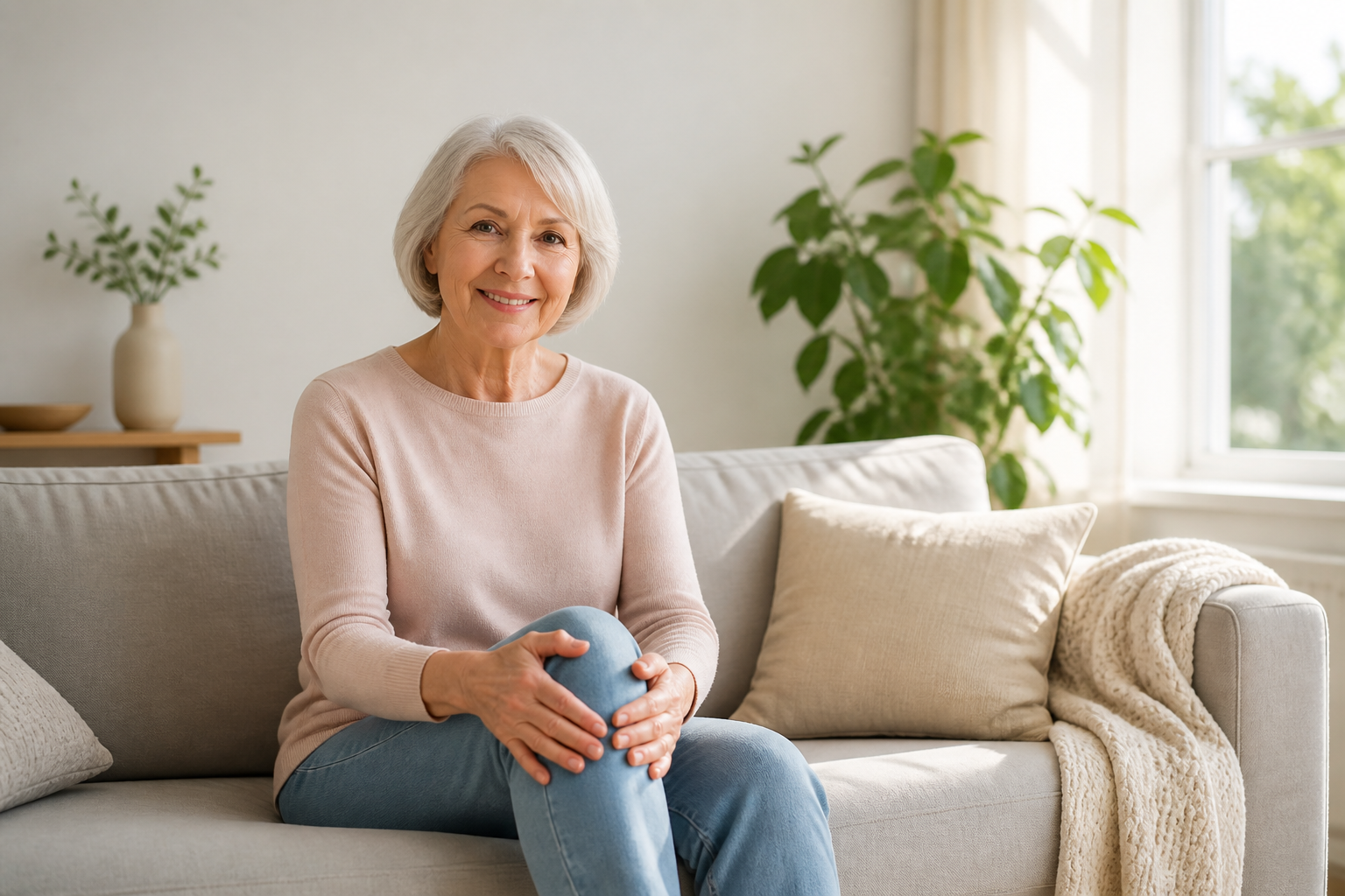 Senior woman massaging her knee on a sofa in natural light