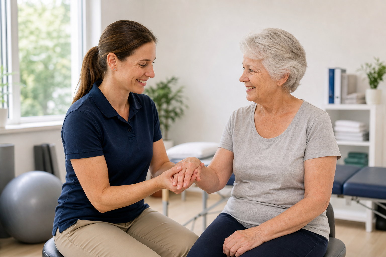 Physical therapist examining senior woman's swollen hand
