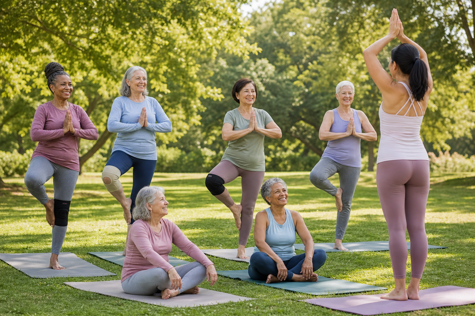 Senior women doing outdoor yoga, some wearing knee braces