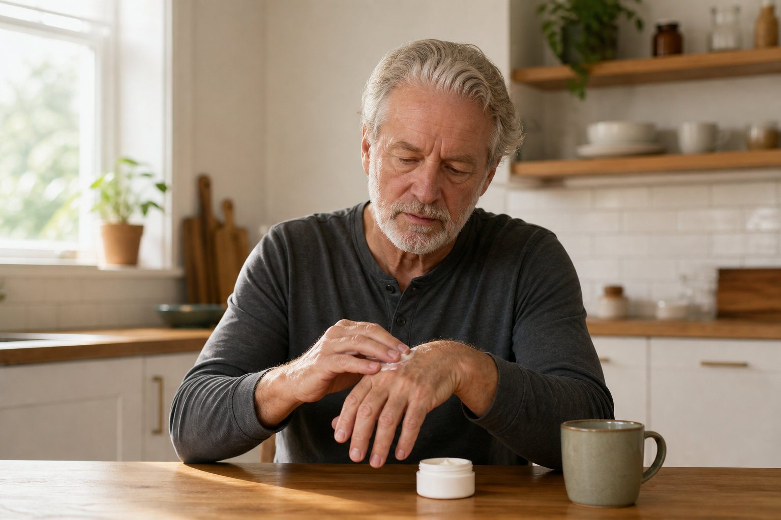 Older man using CBD cream on sore hands in his kitchen