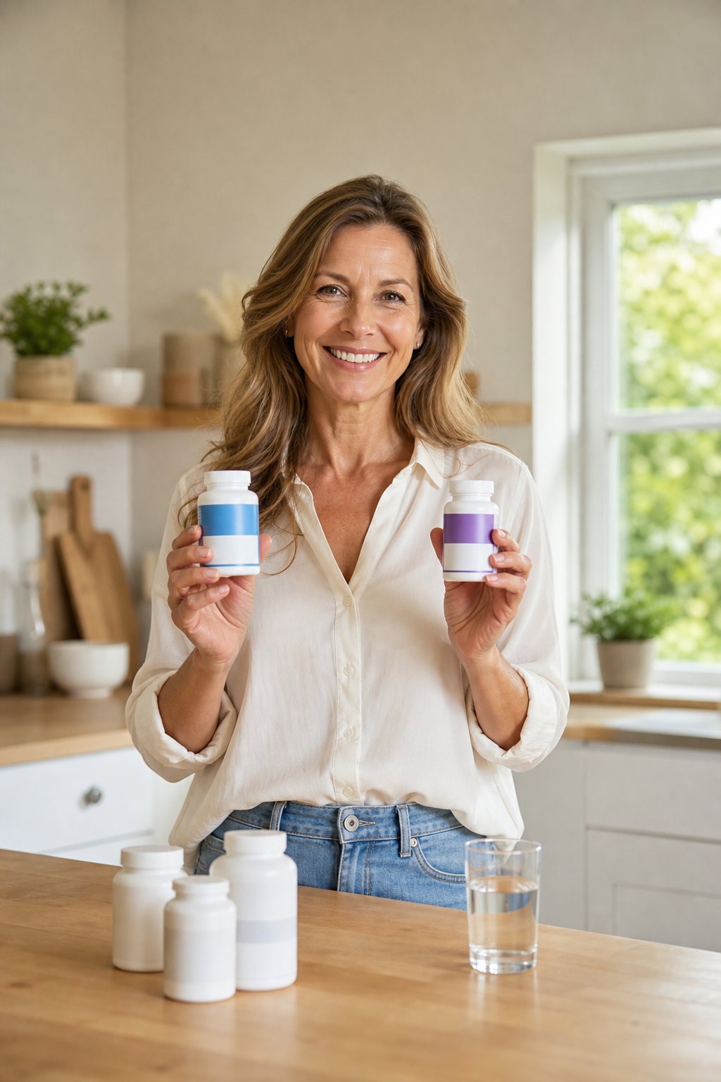 Woman comparing hyaluronic acid supplements for knees at kitchen table