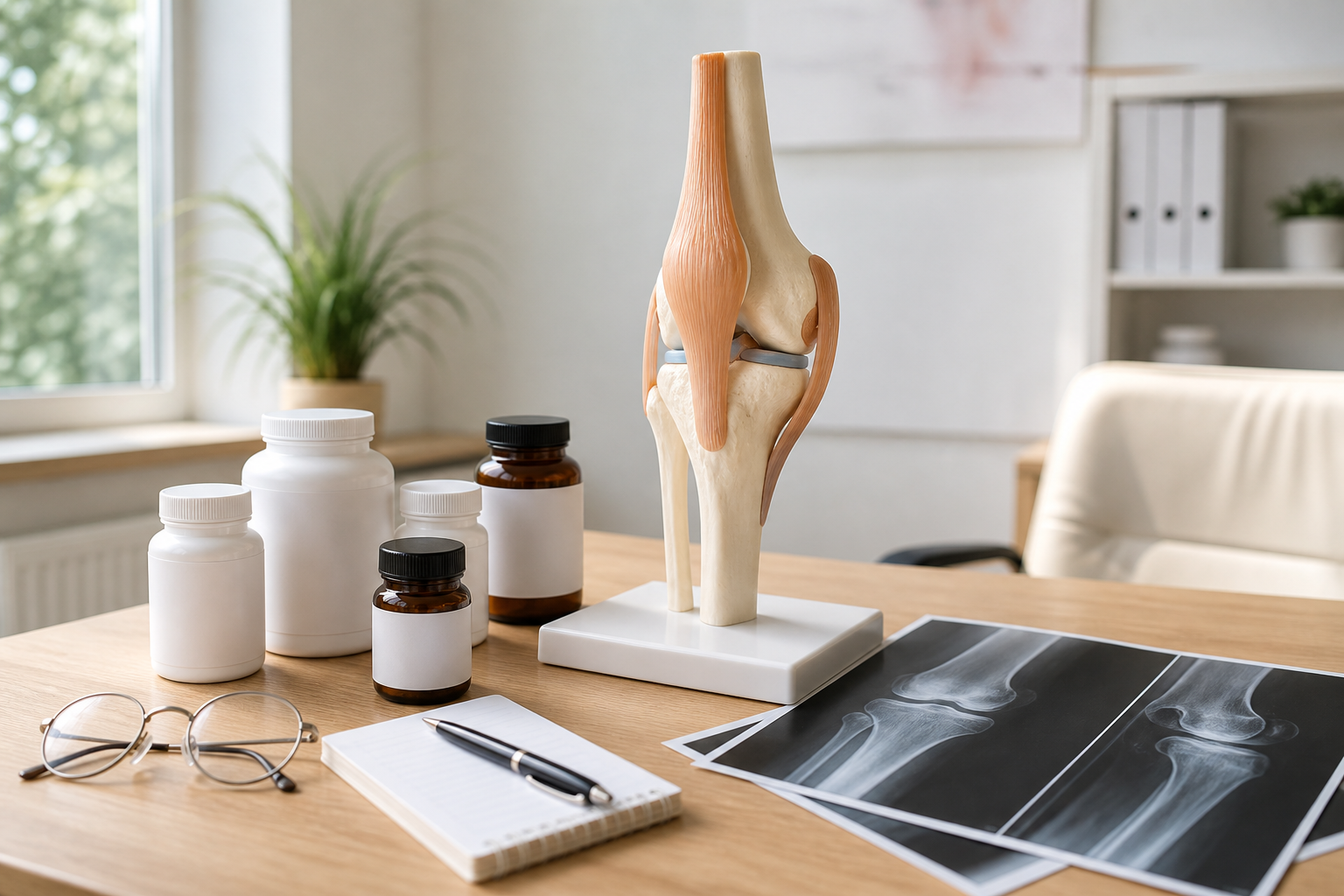 Doctor's desk with knee joint model, supplements, and x-rays