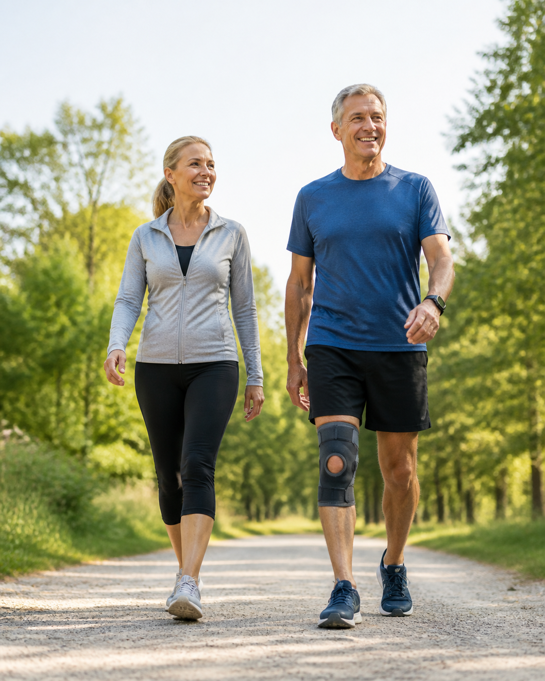 Active couple walking outdoors with knee brace and comfort