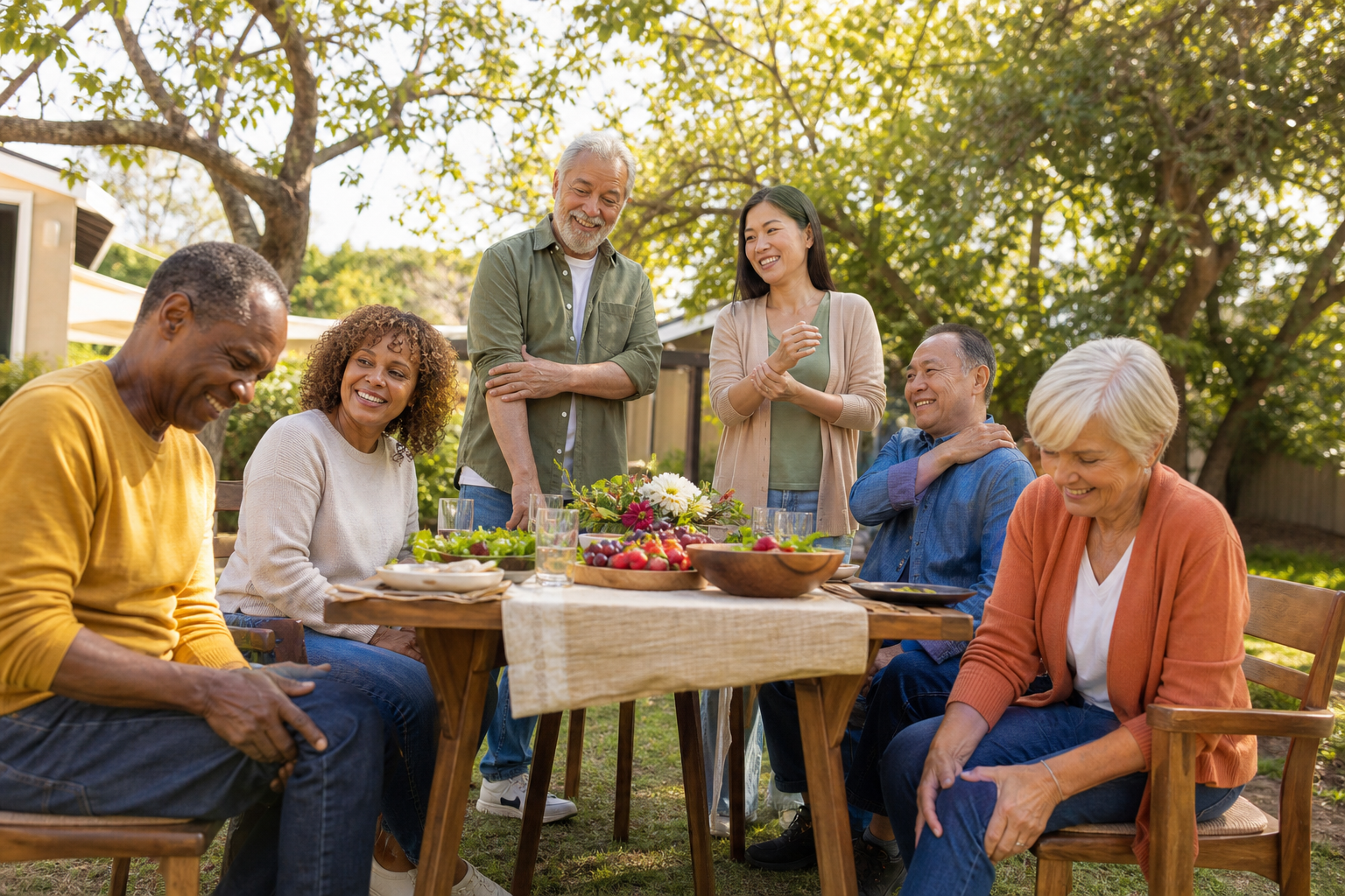 Adults at a family gathering experiencing joint discomfort in knees and hands