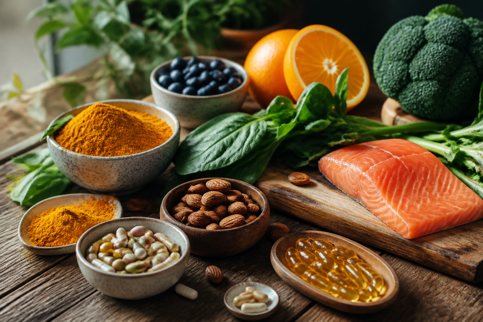 Supplements and natural foods essential for joint health on rustic table
