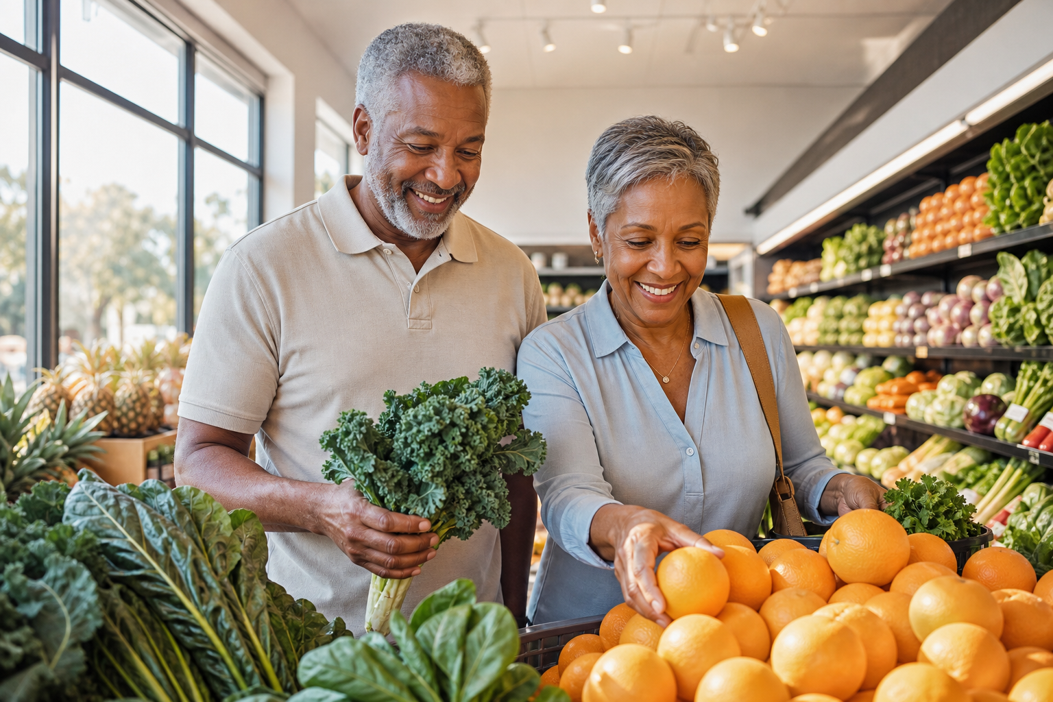 Older couple shopping for leafy greens and oranges for joint health