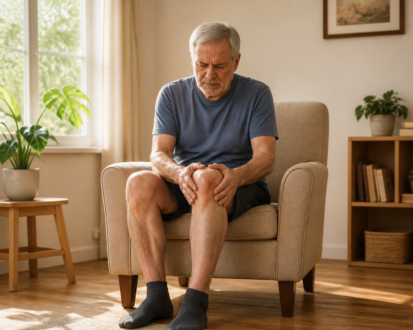 Older man holding swollen knee in living room light