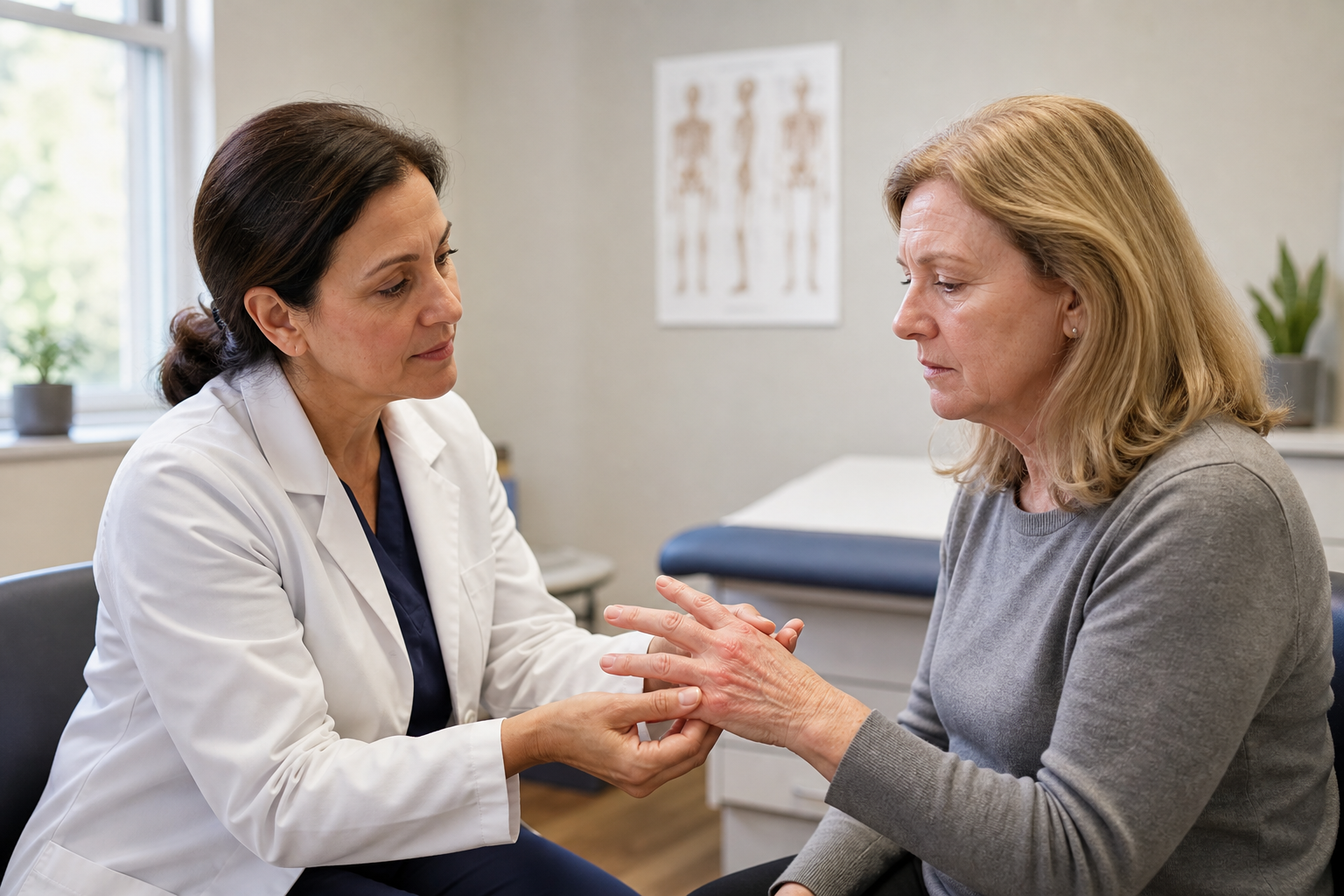 Doctor examining swollen, tender hands of female patient