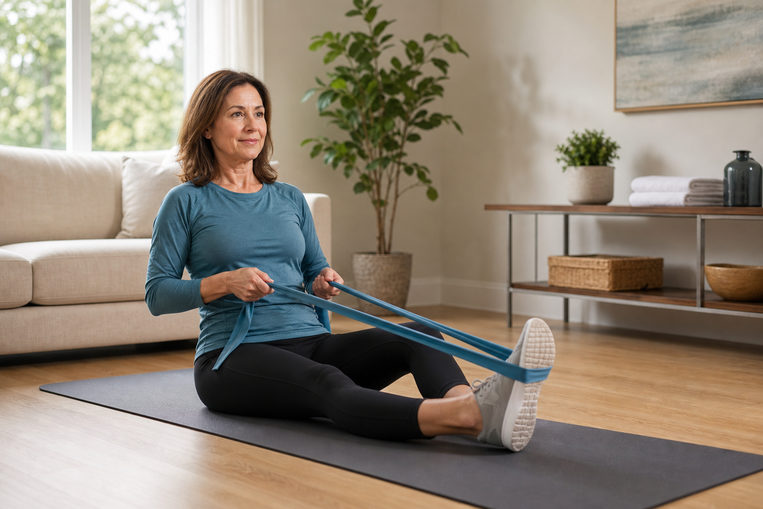 Woman exercising knees with resistance band on yoga mat at home