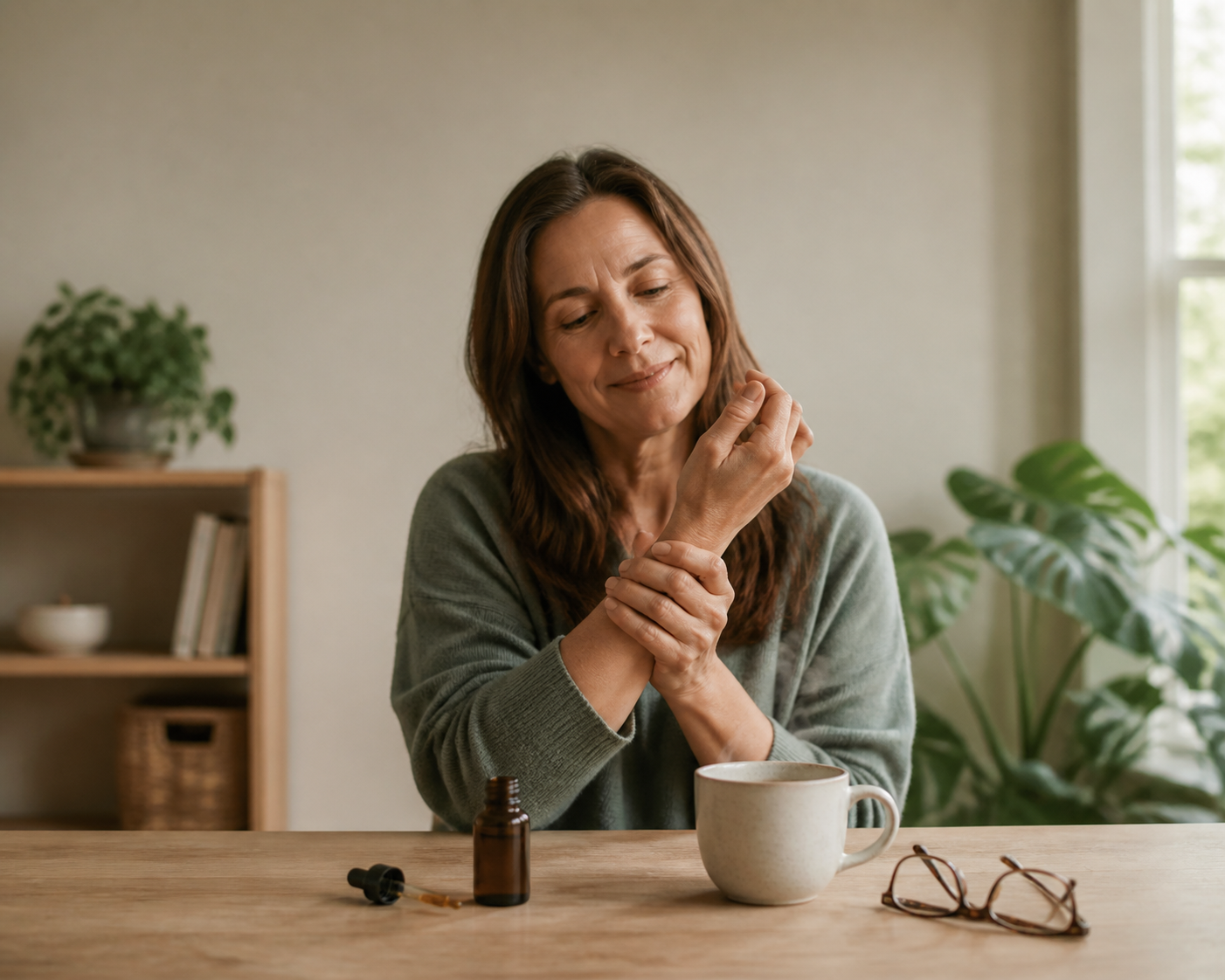 CBD oil bottle and dropper on table, person massages wrist in background.