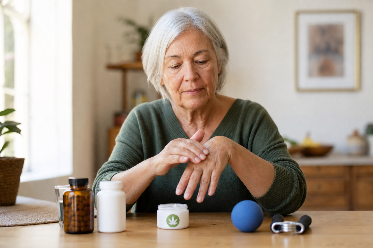Older adult using CBD cream on swollen knuckles with joint relief tools nearby.