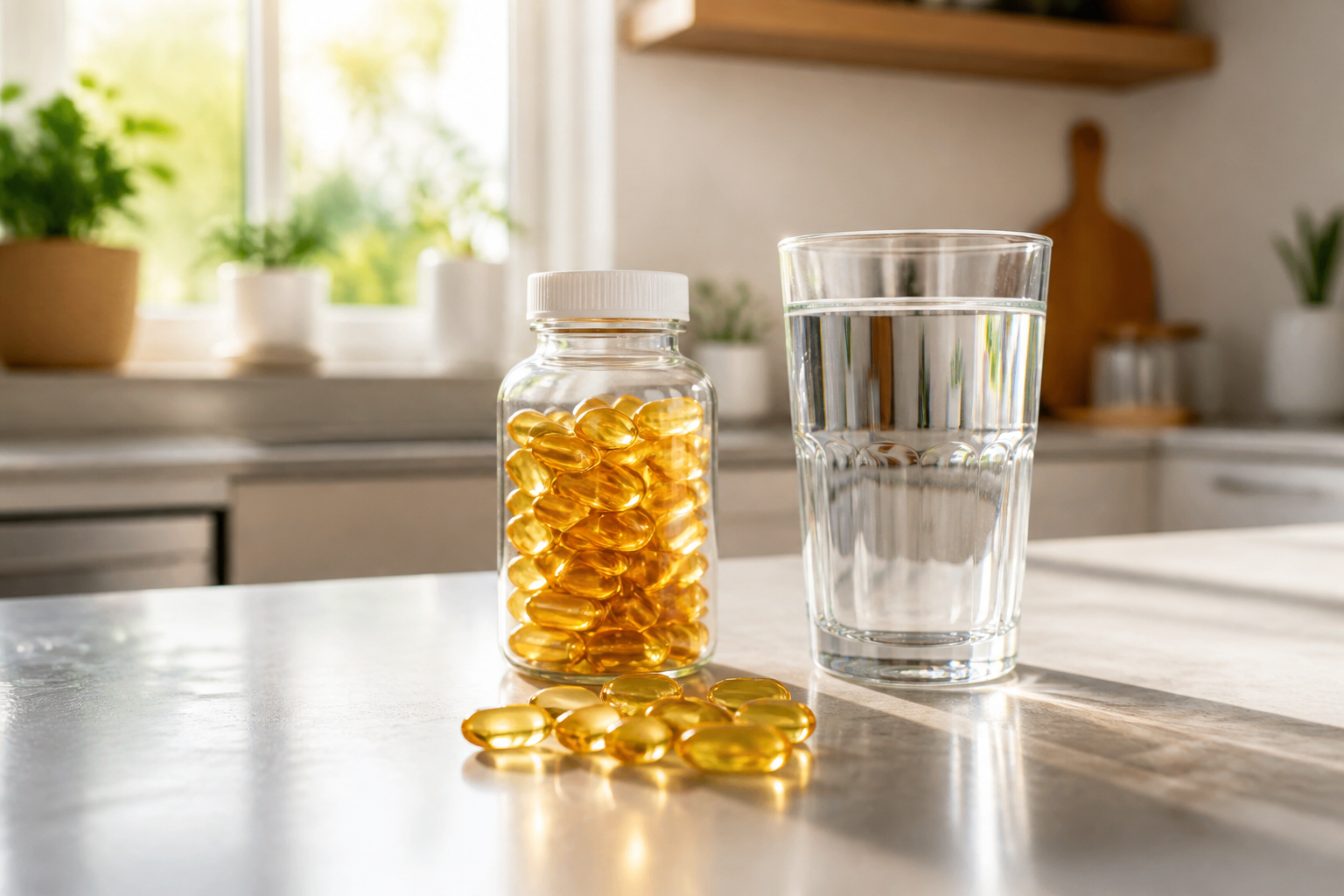 Omega-3 fish oil capsules and water on a sunlit kitchen counter