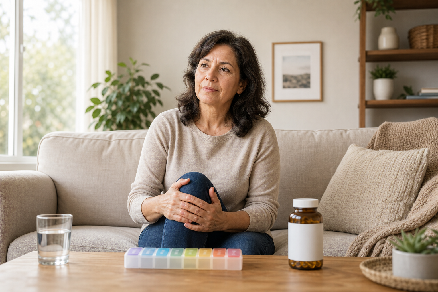 Woman with knee pain considering omega-3 fish oil capsules on table