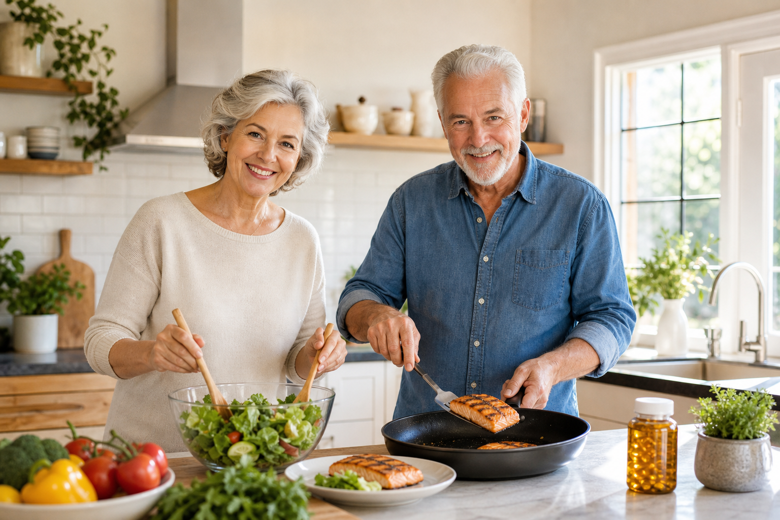 Happy senior couple cooking salmon with omega-3 fish oil bottle visible